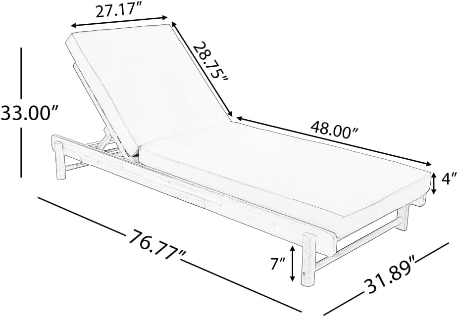 1 PC Acacia Wood Outdoor Chaise Lounge Chair with 2-Fold 4" Thick Water-Resistant Cushion, 3-Position Adjustable