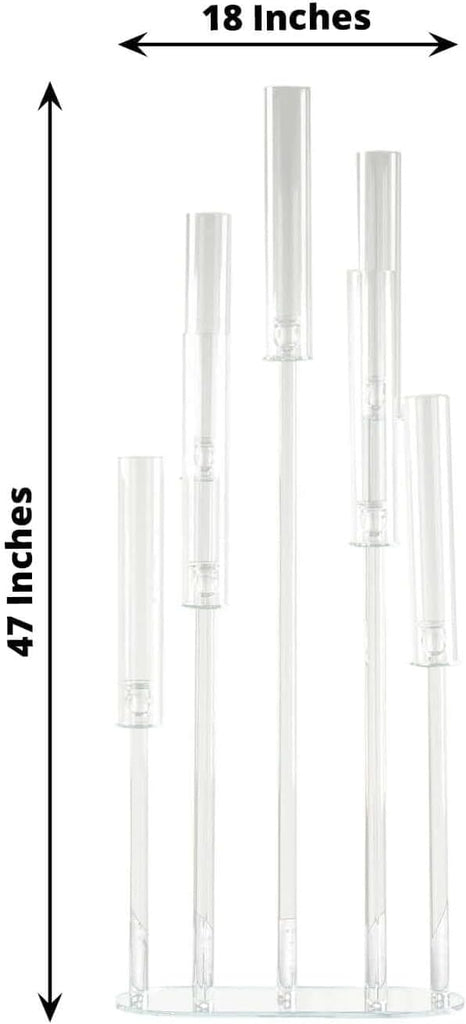 47" Clear Crystal 7-Arm Cluster Wedding Aisle Candlestick Stand with Hurricane Shades, Taper Candle Candelabra Table
