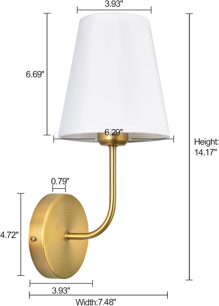 Antique Brass Hardwired Wall Sconce Set of 2 - Gold Finish with White Fabric Shades，Bedroom Lighting, Living Room