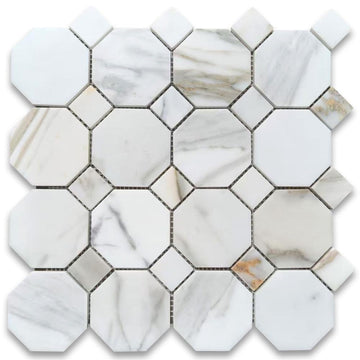 Calacatta Gold Marble 3 inch Octagon Mosaic Tile w/Calacatta Gold Dots Honed Kitchen Bath Wall Floor Backsplash