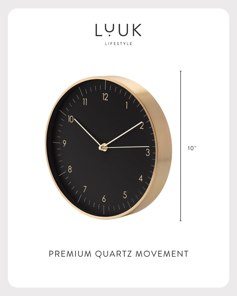 Modern Silent Quartz Wall Clock, 10in, Black & Gold