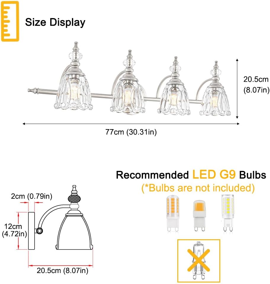 4 Light Brushed Nickel Bathroom Light Fixture, Antique Vanity Light with Flower Glass Shade, Bathroom Vanity Light