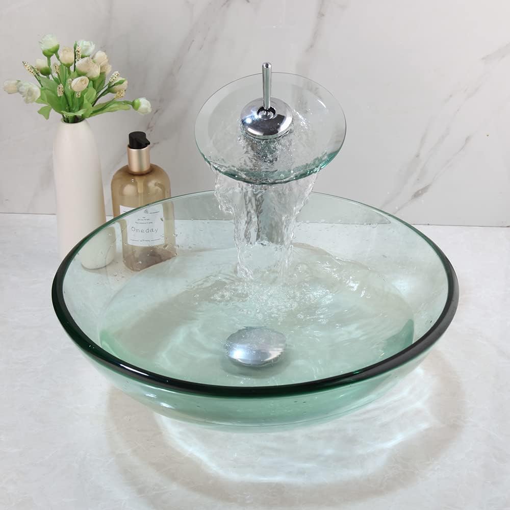 Clear Glass Vessel Sink with Chrome Faucet and Pop-Up Drain Set 17 Inch Round Bathroom Tempered Glass Basin Top Mount