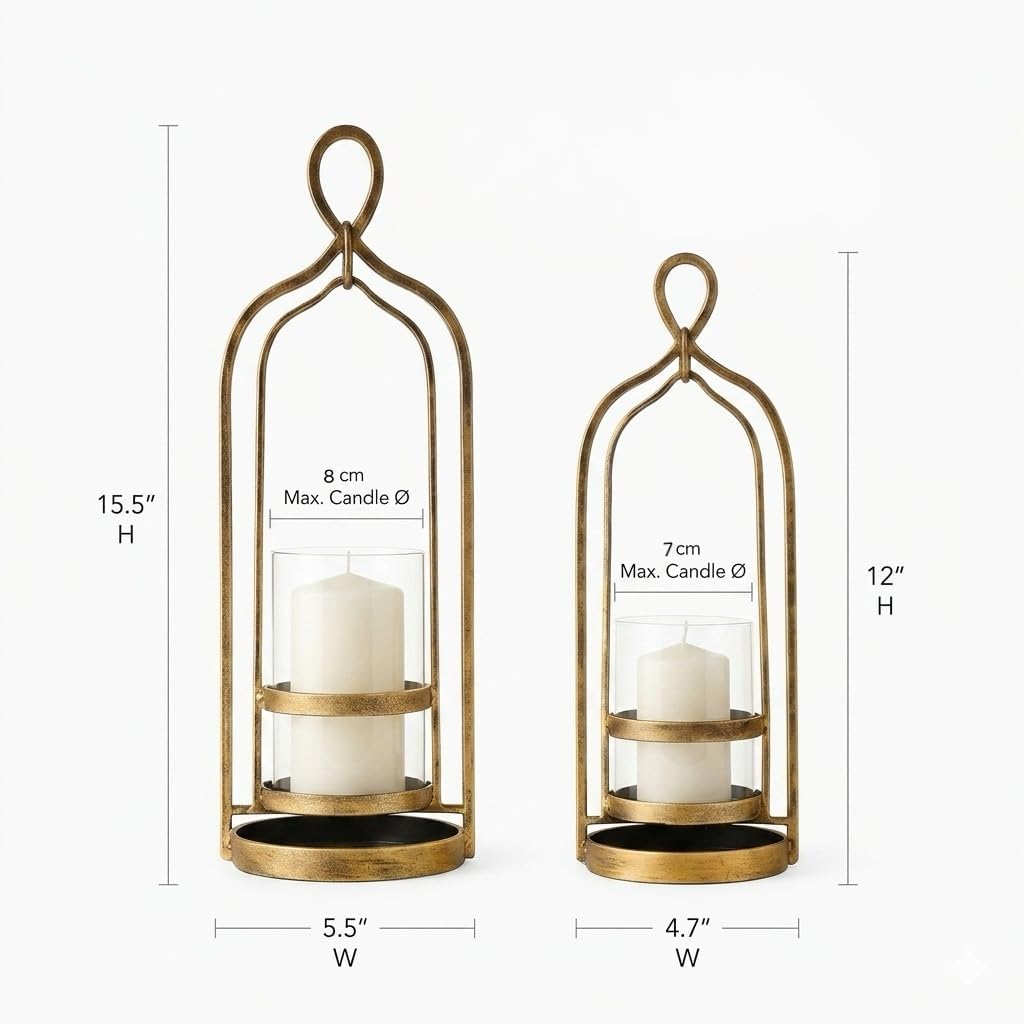 Hurricane Candle Holder Set of 2 with Glass & Metal Frame-Pillar Candle Holders Centerpiece Farmhouse Decor
