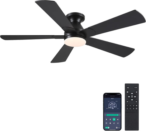 Black Ceiling Fans with Lights - 52In Flush Mount Ceiling Fan Light with Remote, 3CCT Dimmable and 6 Wind Speeds, Modern Low Profile Fan Light for Indoor Bedroom, Covered Outdoor A101-B0DTD3YZKT