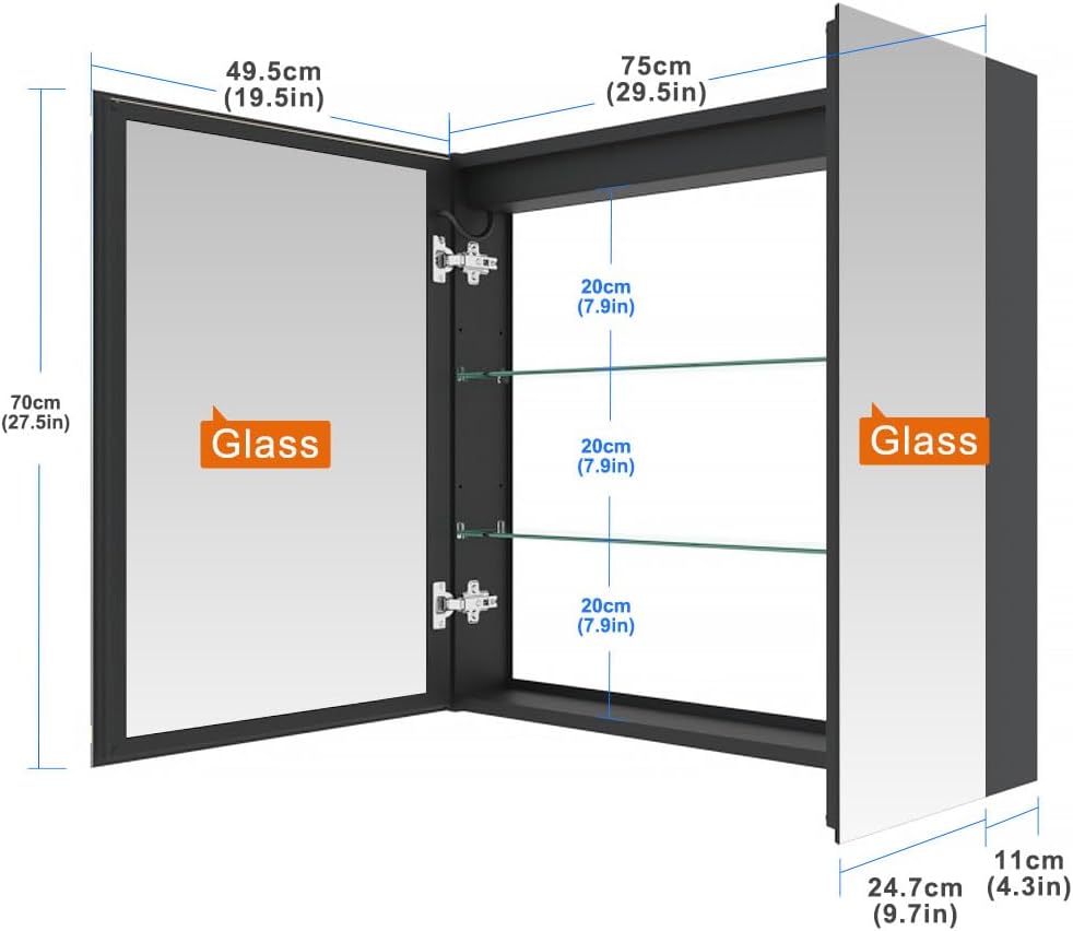 KWW 30x28 Inch Aluminum LED Bathroom Mirror Cabinet with Backlit Panel