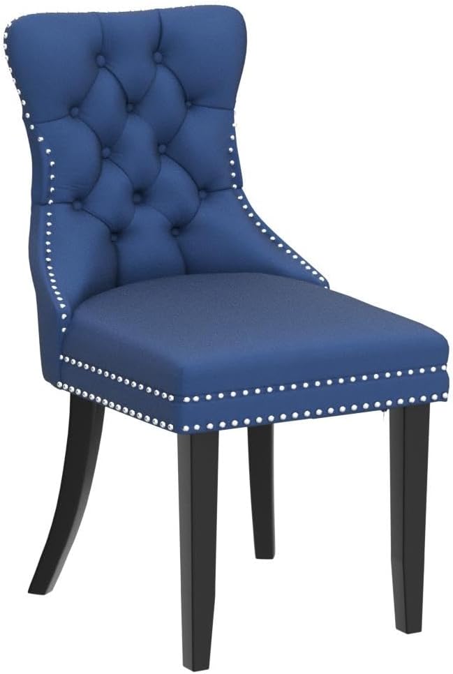Velvet Dining Chairs Set of 4, Tufted Upholstered Chairs with Nailhead Back and Ring Pull Trim for Kitchen, Bedroom or Dining Room, Blue