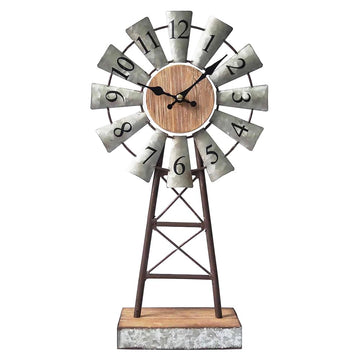 Rustic Windmill Table Clock Decor, Vintage Galvanized Metal & Wood Desk Clock with Silent Quartz Movement, Farmhouse