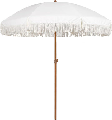7ft Patio Umbrella with Fringe Outdoor Tassel Umbrella UPF50+ Premium Steel Pole and Ribs Push Button Tilt, Cream White