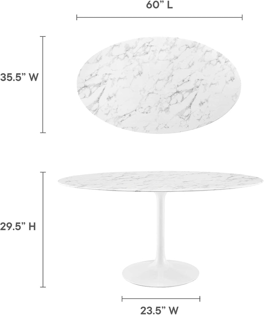 Inspired Saarinen Style Tulip Oval Pedestal Dining Table — White Base / Marble Top, 60″ Oval
