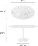 Lippa 60" Oval-Shaped Mid-Century Modern Dining Table with Artificial Marble Top and White Base
