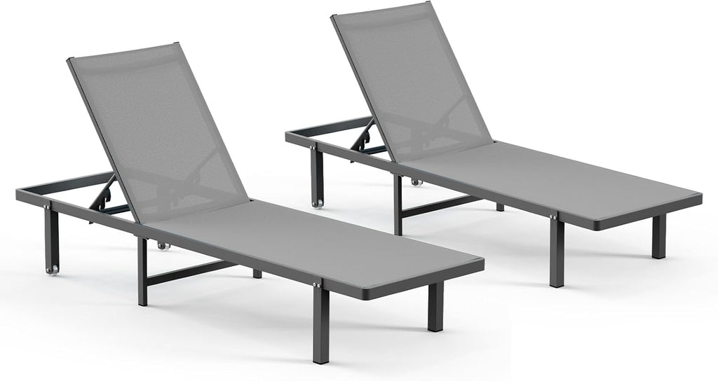 Outdoor Lounge Chairs Set of 2, Aluminum Pool Lounge Chairs with Wheels and 5-Position Recliner -Easy to Move- Patio