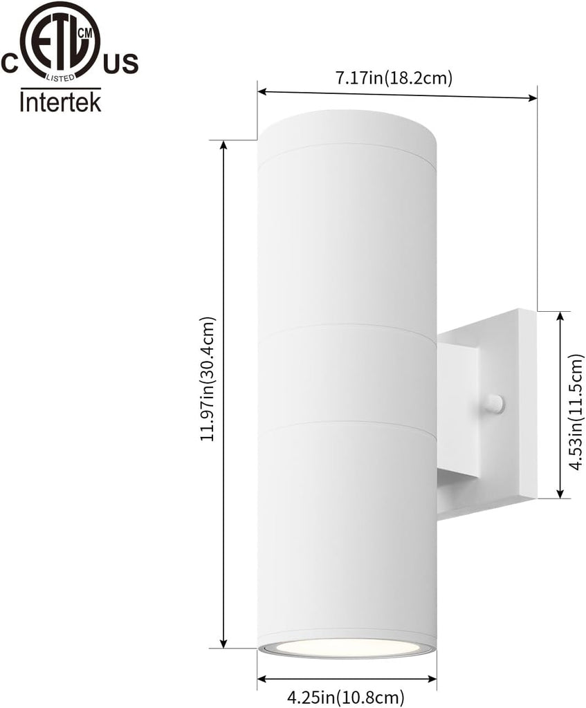Modern Outdoor Porch Light Patio Light in 2 Lights with Aluminum Cylinder and Tempered Glass Cover Waterproof Wall Sconce 2 Pack (Matte White)