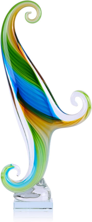 16.9in Tall Glass Wave Sculpture Hand Blown Art Figurine Abstract Twist Statue Decor Living Room Shelf Mantel