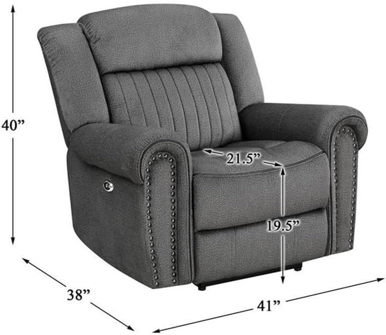 Microfiber Power Reclining Chair, Charcoal Textured Fabric, Nailhead Trim, 40"H x 41"W x 38"D, Solid Wood Frame