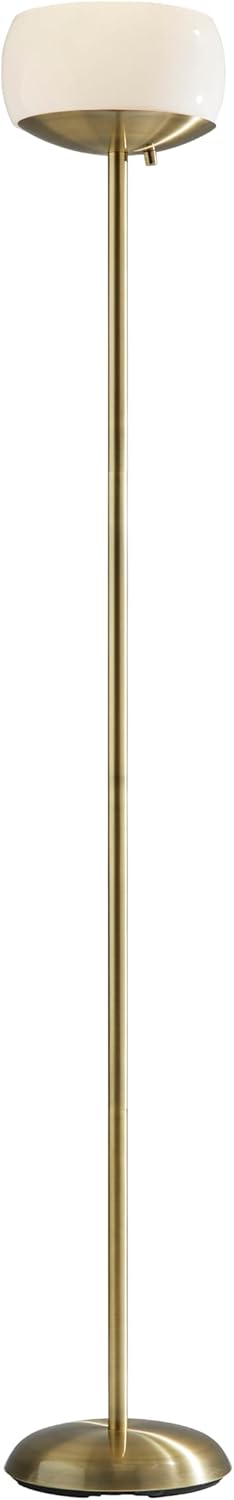 Antique Brass Torchiere Floor Lamp with White Opal Glass Shade