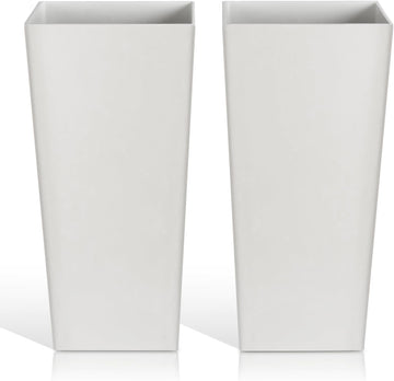 Tall Planters for Outdoor Plants, Large Resin Flower Pots for Garden, Front Porch, Patio, Indoor - Set of 2 (White
