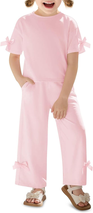 Toddler Baby Girls Summer Clothes 2 Piece Outfits Cute Bow Short Sleeve T Shirts Pants Set with Pockets