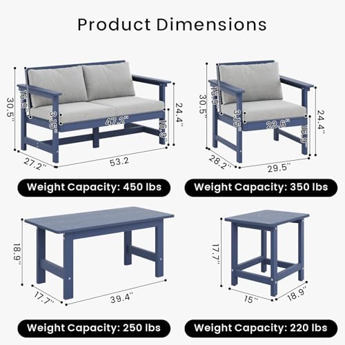 5-Piece HDPE Outdoor Patio Furniture Set - Conversation | Navy Blue for Patio, Garden & Porch