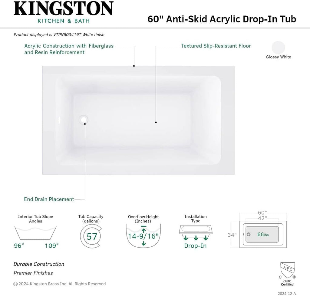 VTPN603419T 60-Inch Acrylic Drop-In Tub, Glossy White