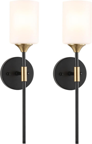 Industrial Mid Century Wall Sconce Set of 2 with White Cylinder Glass Shades Modern Bathroom Vanity Wall Lamp Black