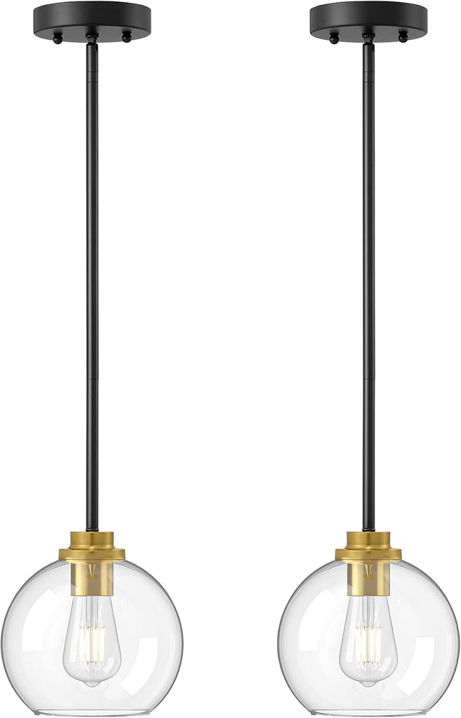 Mid Century Kitchen Pendant Lighting Over Island 2 Pack, Clear Glass Globe Shade, Hardwired Black and Gold Adjustable