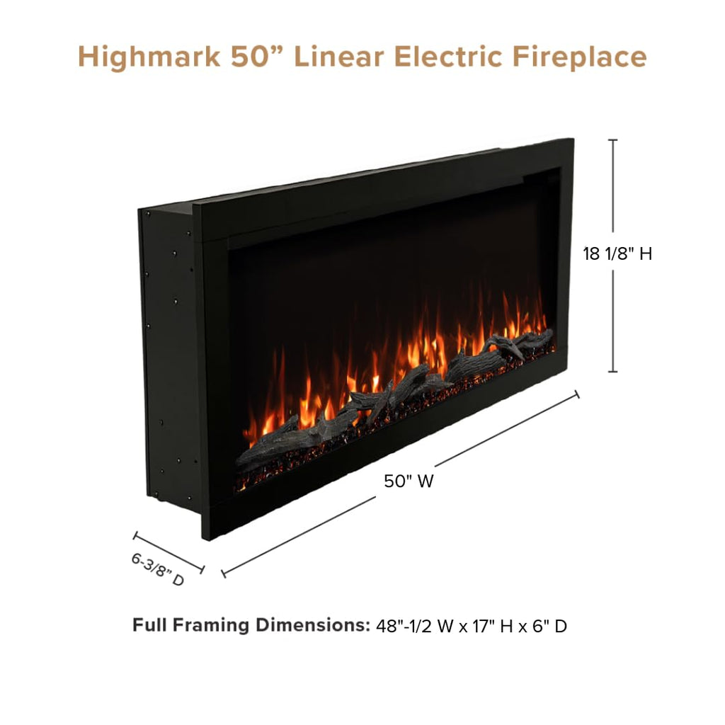 Highmark 50 Inch Smart Linear Electric Fireplace - Premium Flame with 10 Colors, Sleek Hidden Vent Design, Install
