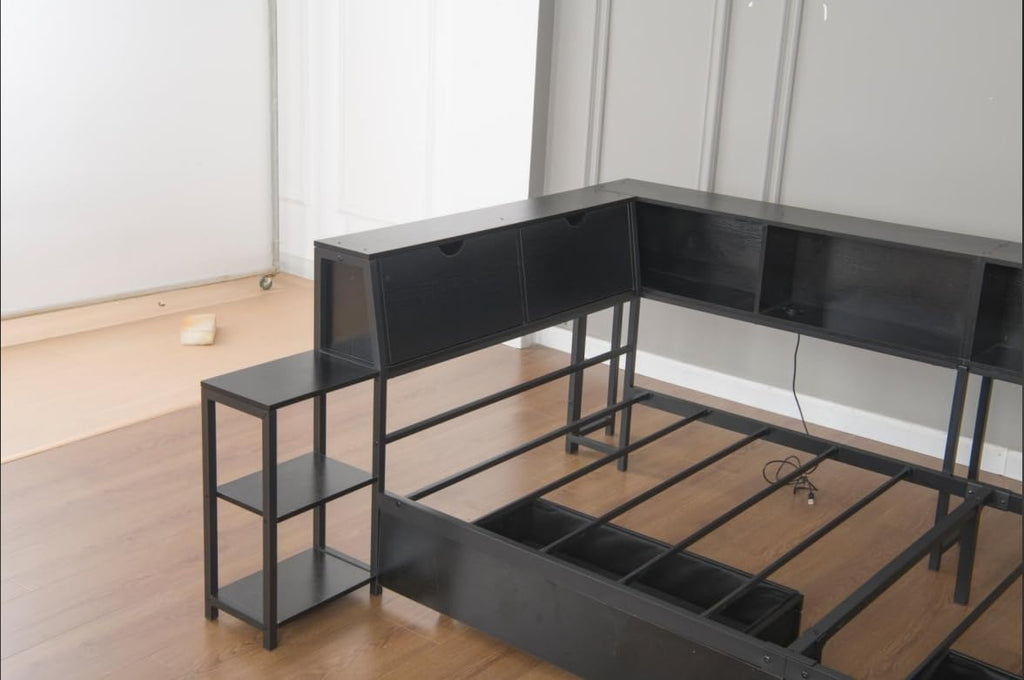 Twin Corner Bed Frame with Desk and Storage, Twin Size cornner Bed with Charging Station and LED Light, Wood Daybeds
