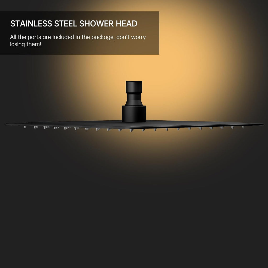 12 Inch Rain Shower Head, 12" Square Rainfall & High Pressure Stainless Steel Bath Showerhead, 1/16" Ultra Thin
