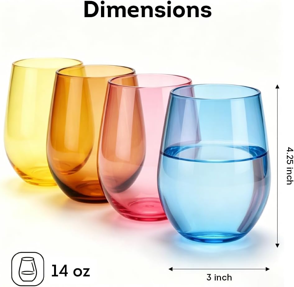 Unbreakable Poolside Acrylic Stemless Wine Glasses and Water Tumblers, Made of Shatterproof Plastic and Ideal and