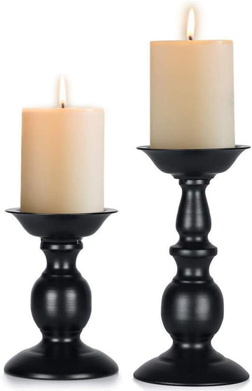 Black Candle Holder for Pillars: Rustic Metal Candle Stands Set | Tall Retro Farmhouse Candleholder 2 Pcs (S + L) for