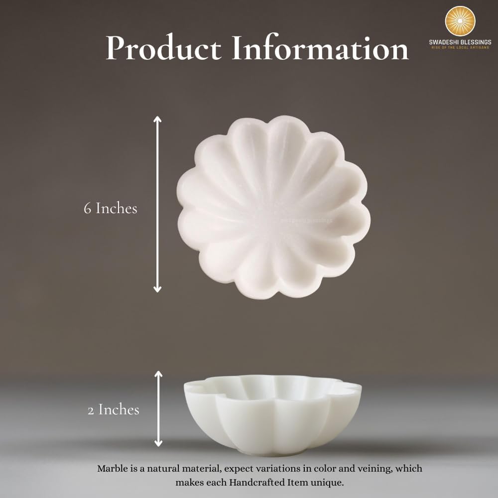 HandCrafted Marble Decorative Bowl | White Ruffle Scalloped Fluted Key/Fruit Ring Dish | Organic Modern Home Decor (6