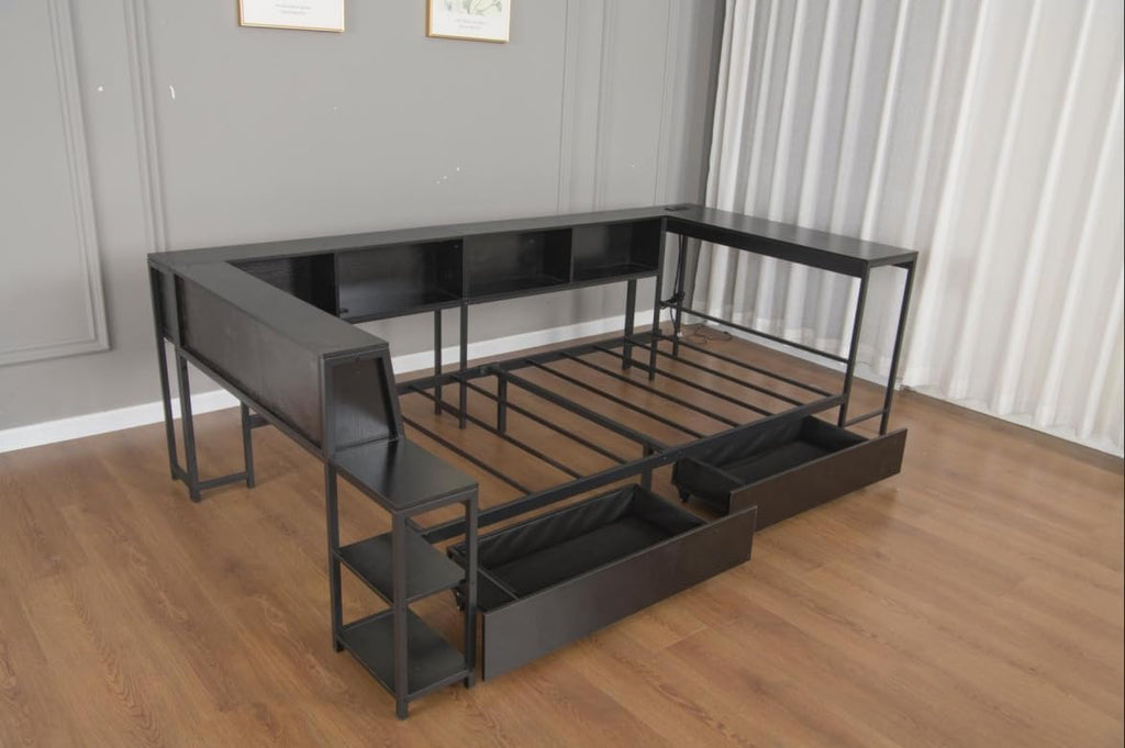 Twin Corner Bed Frame with Desk and Storage, Twin Size cornner Bed with Charging Station and LED Light, Wood Daybeds