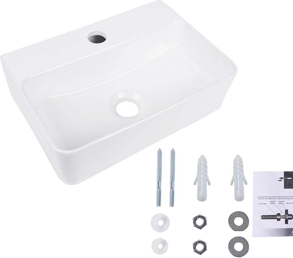 Wall Hung Bathroom Vessel Sink 14.5" X 10" Rectangular Floating Ceramic Wash Hand Basin White Wall Mount Vanity Sink for Small Bathroom