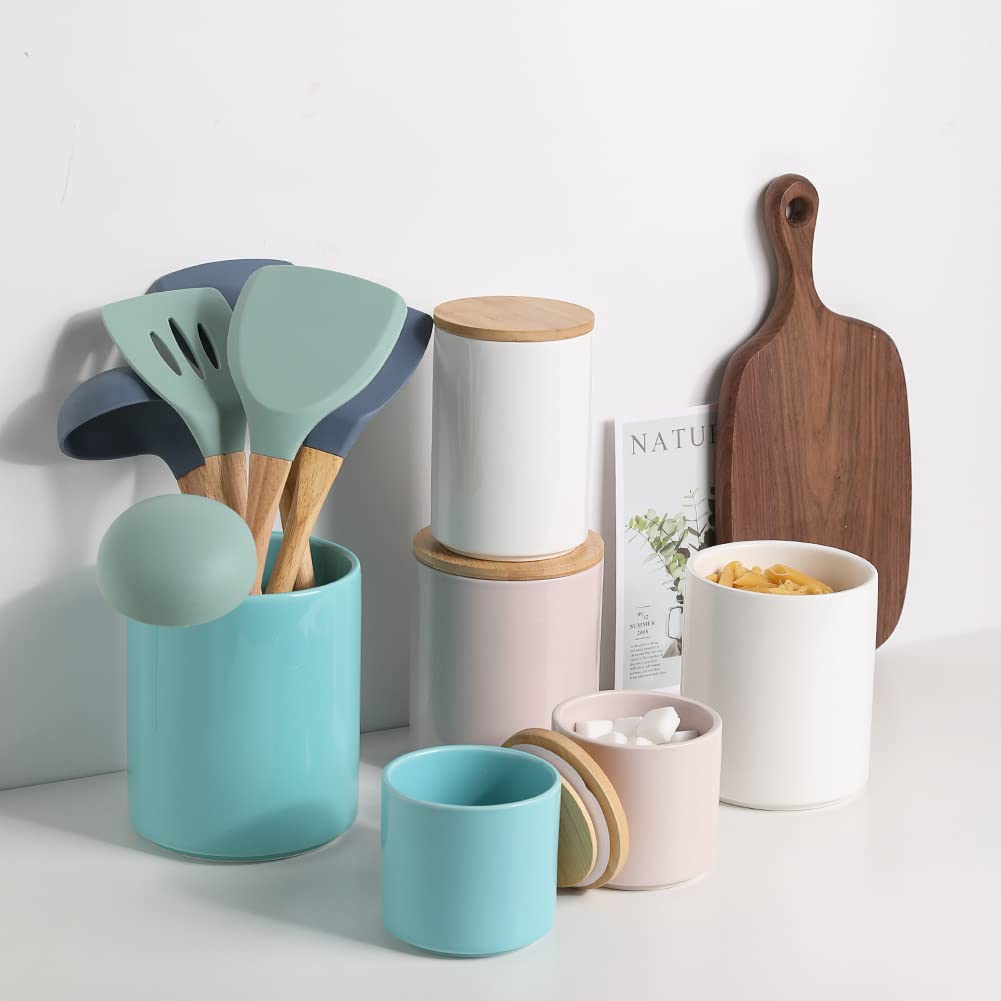 Kitchen Canisters Ceramic Food Storage Jar Set, Stackable Containers with Airtight Seal Wooden Lid for Serving Ground