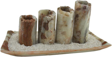 Set of 5 Marble Candle Holder and Tray Pieces, 19.5 Inch, Rust, Off-White | Handcrafted by a Single Artisan, Natural
