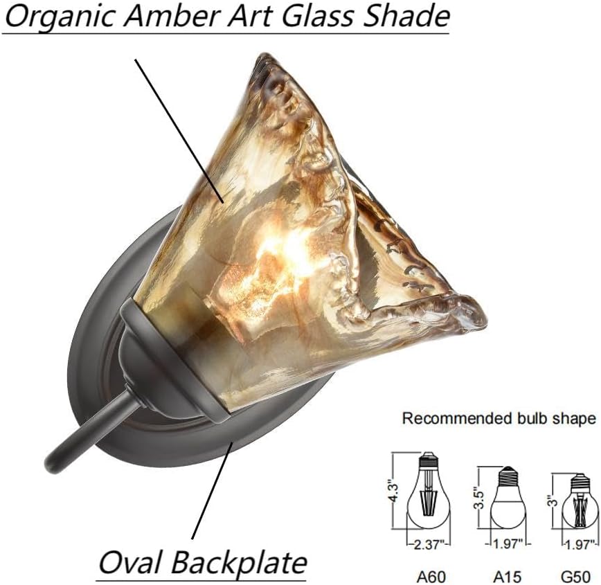 Rustic Wall Sconce Vintage Vanity Light with Amber Glow Glass Shade | Modern Wall Light Bathroom Living Room Hallway