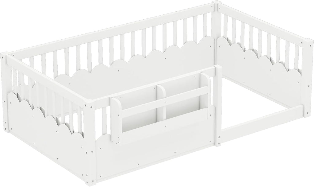 Twin Size Kids Montessori Floor Bed,Solid Wood Floor Bed Frame with Bookshelf and High Fence for Kids,Girls,Boys,White