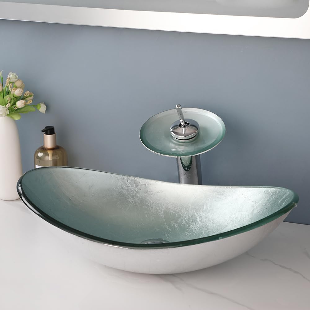 Oval Bathroom Vessel Sink Tempered Glass With Faucet Pop Up Drain Washing Bowl Waterfall Above Counter Set