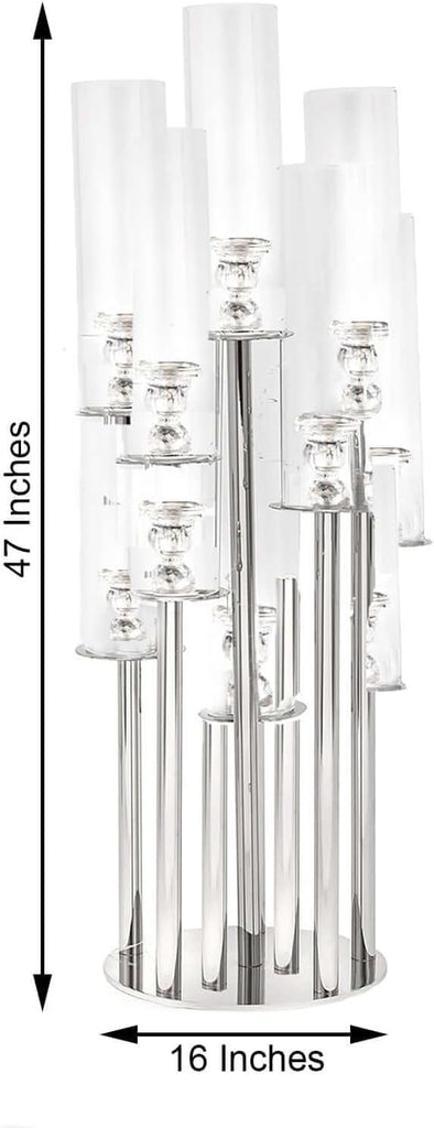 47" Tall - 10 Arms Clear Crystal Cluster Round Candelabra, Pillar Candle Holders with Mirror Base , Party Decorations