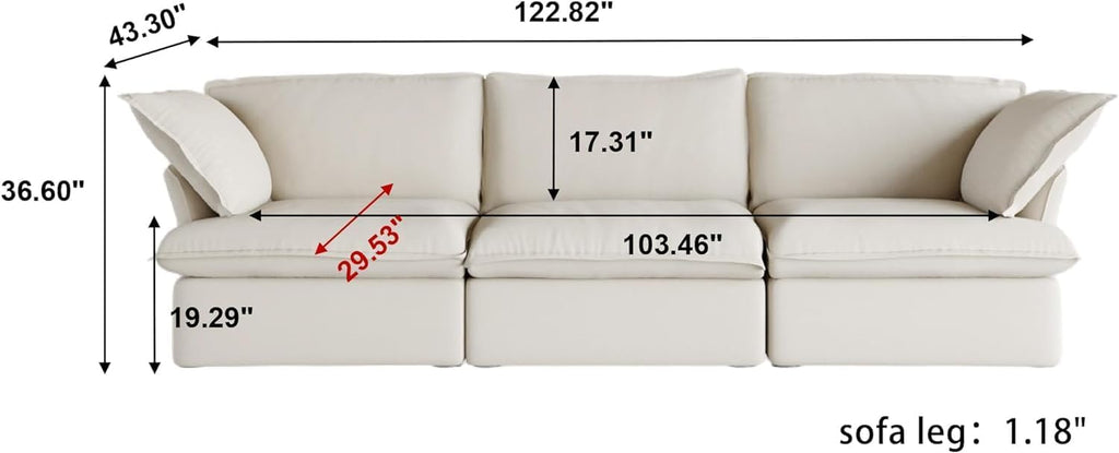122.82" Cloud Couch Sectional for Living Room, Modular 3 Seats Sofas, Convertible Sectional Couches, Cushion Covers Removable, Two Corners and One Middle Sofa for Living Room (Beige)