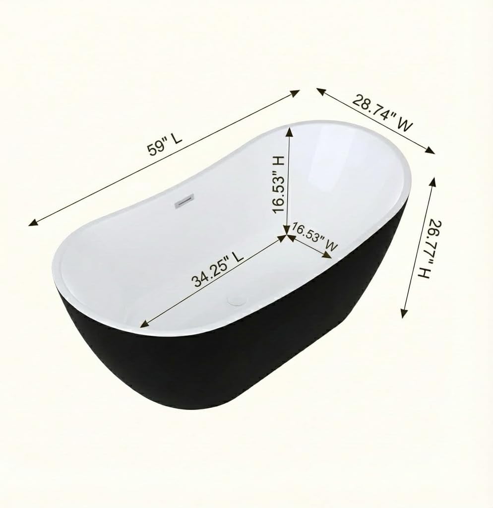 59" Deep Soaking Bathtub, Non-Slip Acrylic Tub with Chrome Drain, CUPC Certified, Ergonomic Modern Bath for Bathrooms