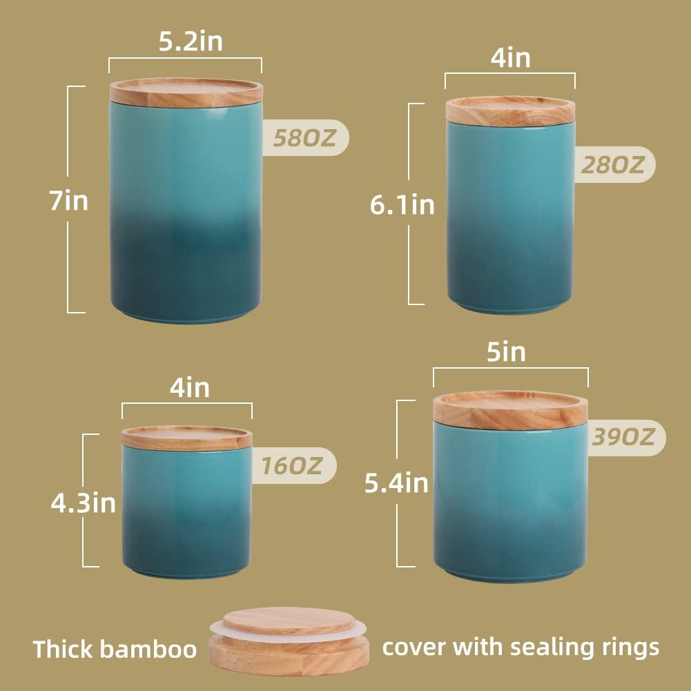 Kitchen Canisters Ceramic Food Storage Jar Set, Stackable Containers with Airtight Seal Wooden Lid for Serving Ground - Set of 4