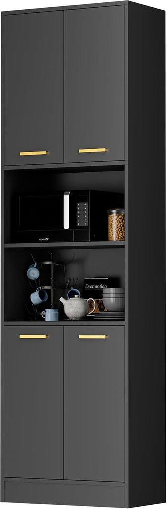 Kitchen Pantry Cabinet, 75" Tall Wood Storage Cabinet with Doors and Shelves, 4 Doors Open Countertop Utility Hutch