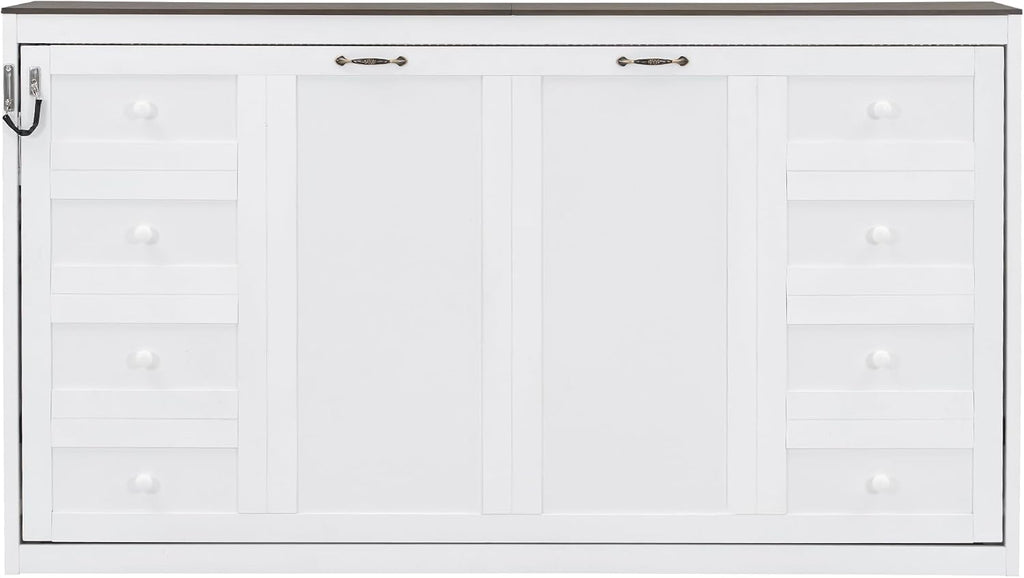 Twin Murphy Bed Cabinet, Space-Saving Foldable Wall Bed with LED Lights, Wooden Horizontal Murphy Bed Frame for