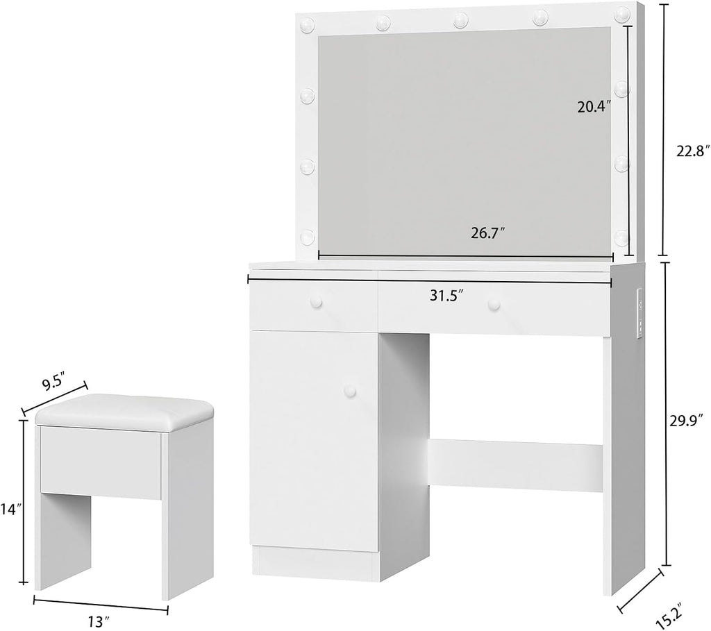 White Makeup Vanity Desk with Lighted Mirror and Storage Chiar Set | 11 LED Light Bulbs, 3 Lighting Modes, Built-In