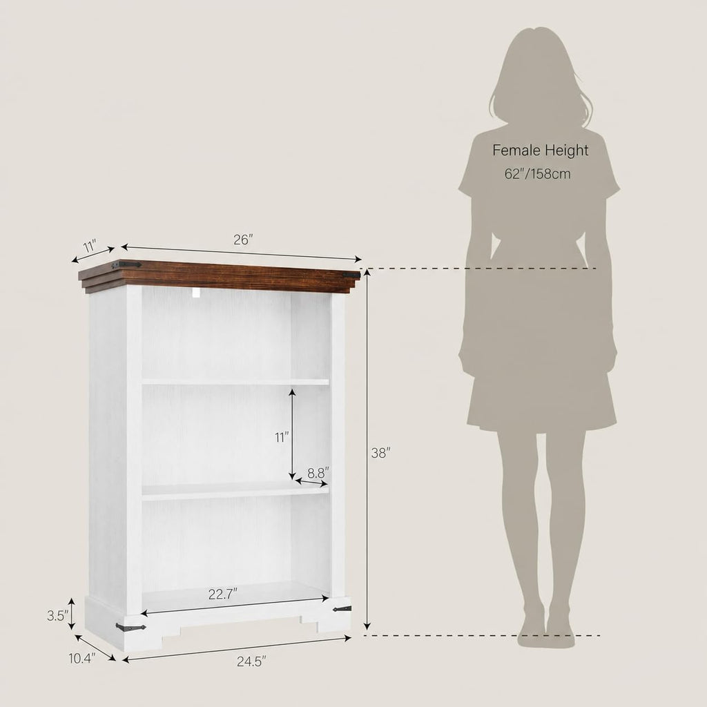 3-Tier Farmhouse Bookshelf for Students, Short Bookcase with Adjustable Shelf, 10.4" D x 26" W x 38" H, Small Wooden