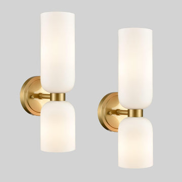 Gold Wall Sconces Set of Two 2-Light Modern Wall Light | 3.93"(W)*14.2"(H), E12 Dimmable, Slim Milky White Glass