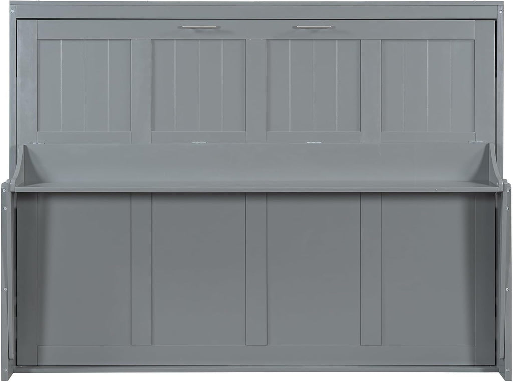 Queen Horizontal Murphy Bed with Desk,Solid Wood Folding Hideaway Murphy Wall Bed for Adult,Guest Room (Grey,Queen)