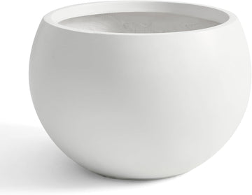 19.3"Dia x 13"H Large Fiberstone Sphere Planter, White Round Pot | 15" Opening, Drainage Hole & Plug, Wheathered